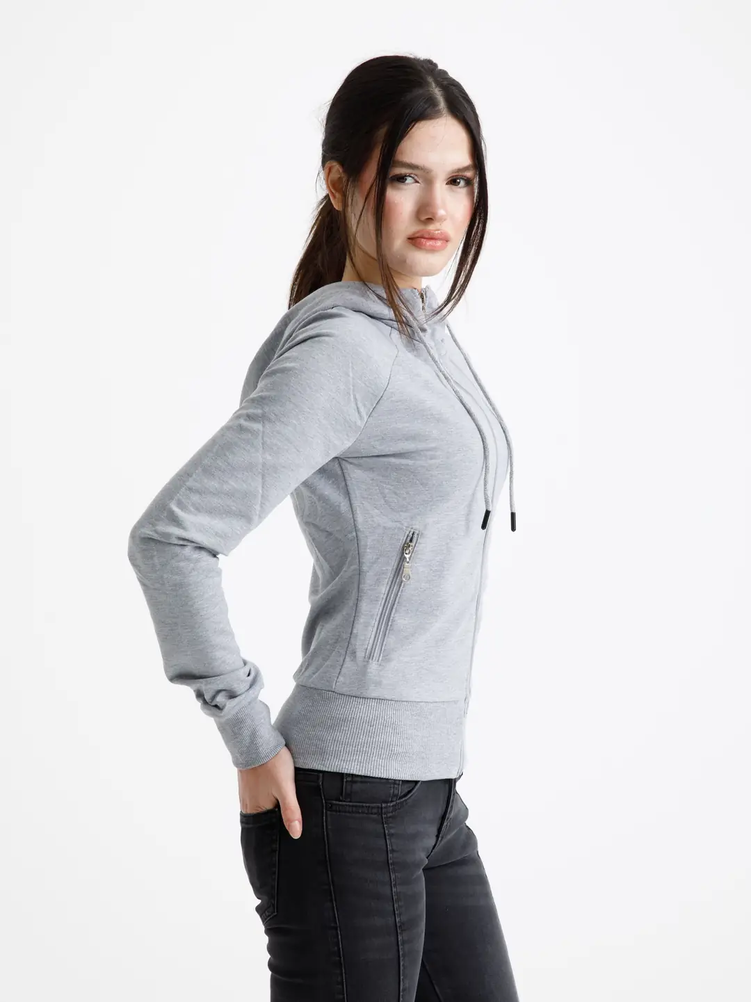 Gri Vücuda Oturan Yazlık Zip-Hoodie