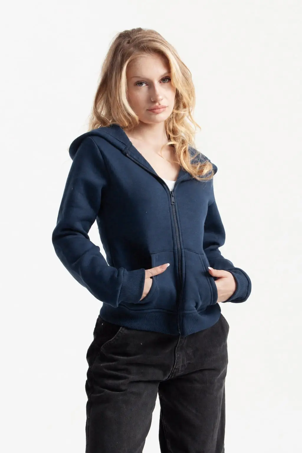 Lacivert Retro-Fit Vücuda Oturan Zip-Hoodie
