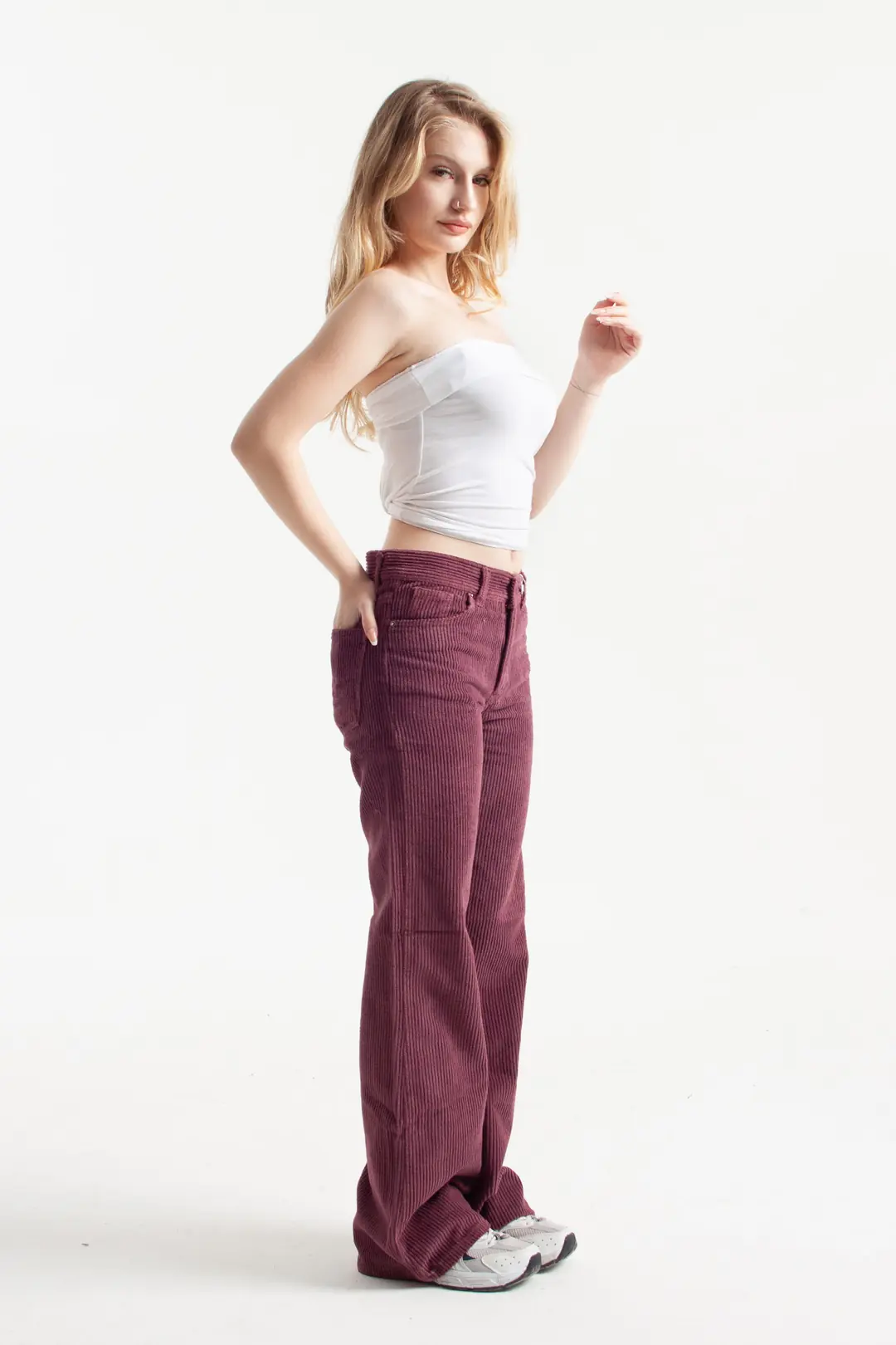 Koyu Mürdüm Kadife Kumaş Flare Jean