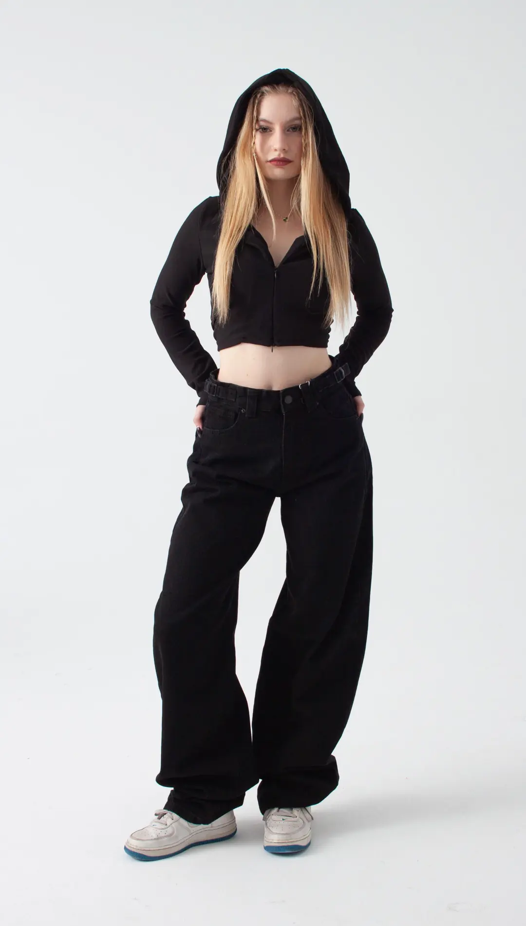 Siyah Kemer Detay Wide Leg Jean