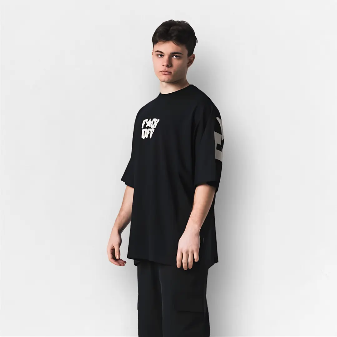 Siyah FUCK OFF Baskılı Unisex Oversize Tişört