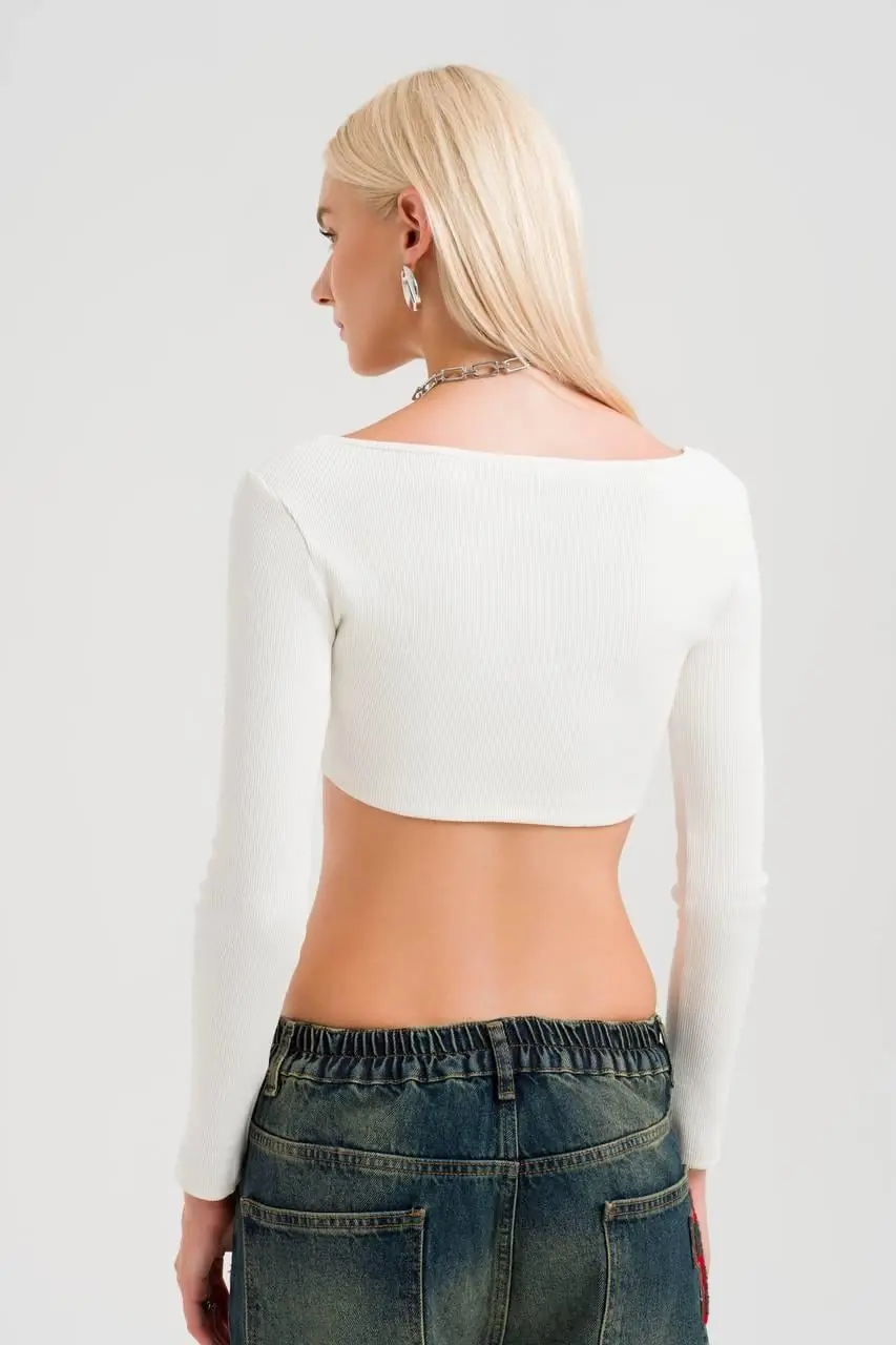 Beyaz Uzun Kollu TW-3 Premium Crop-Top
