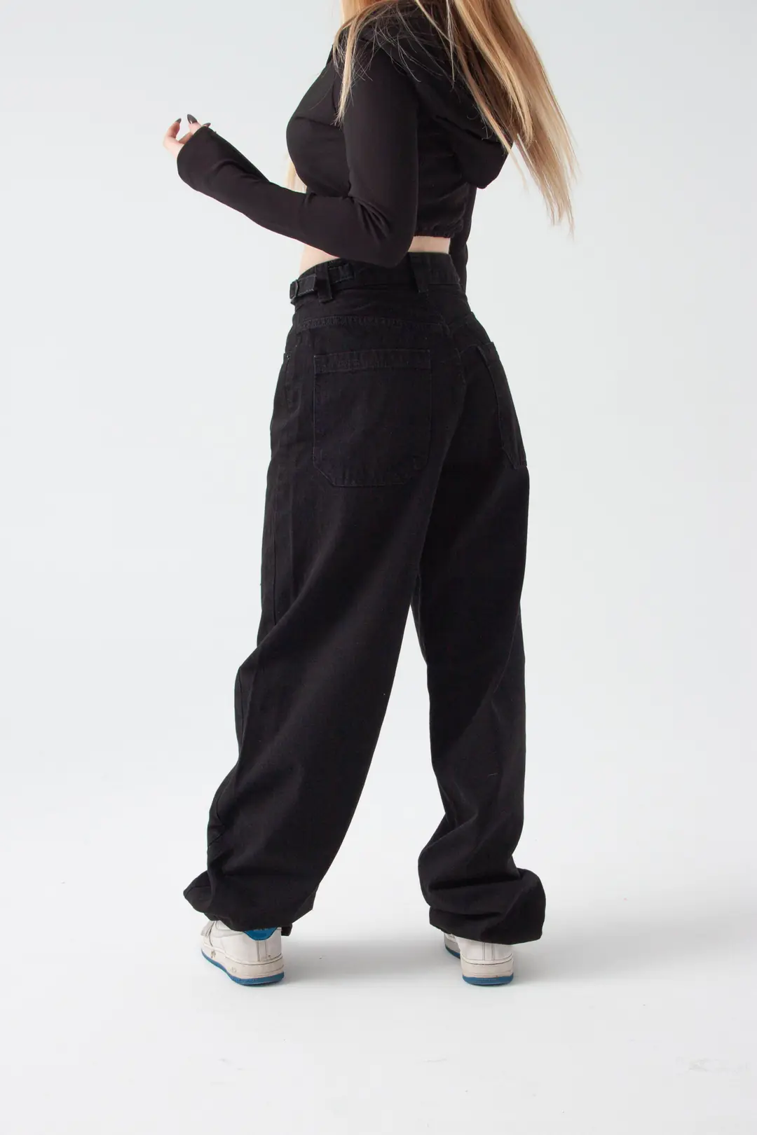 Siyah Kemer Detay Wide Leg Jean