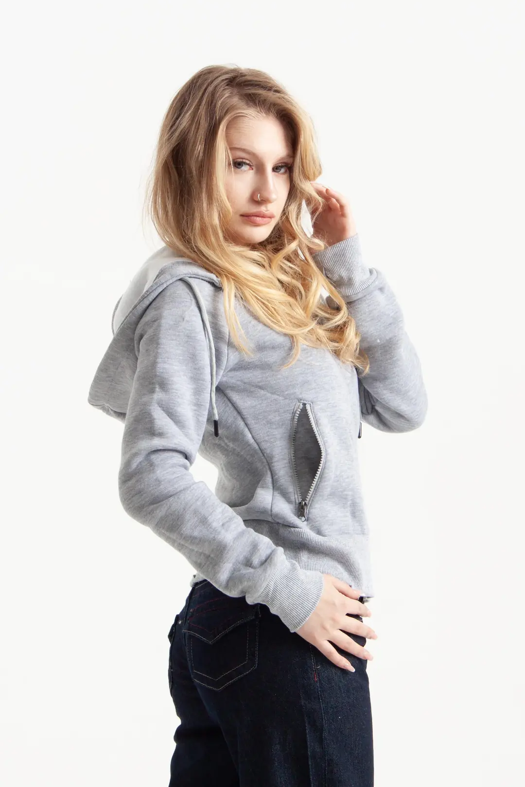Gri Vücuda Oturan Kışlık Zip-Hoodie