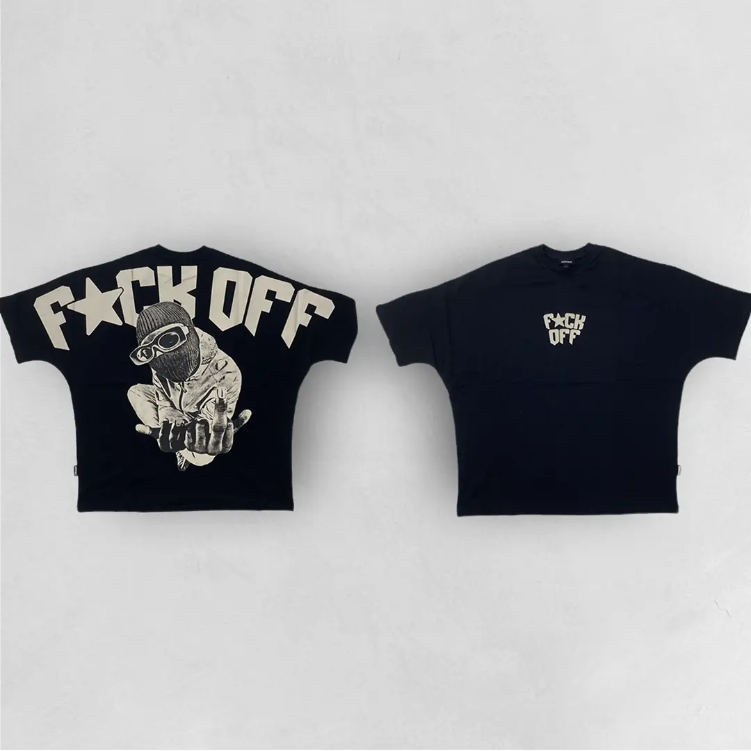 Siyah FUCK OFF Baskılı Unisex Oversize Tişört