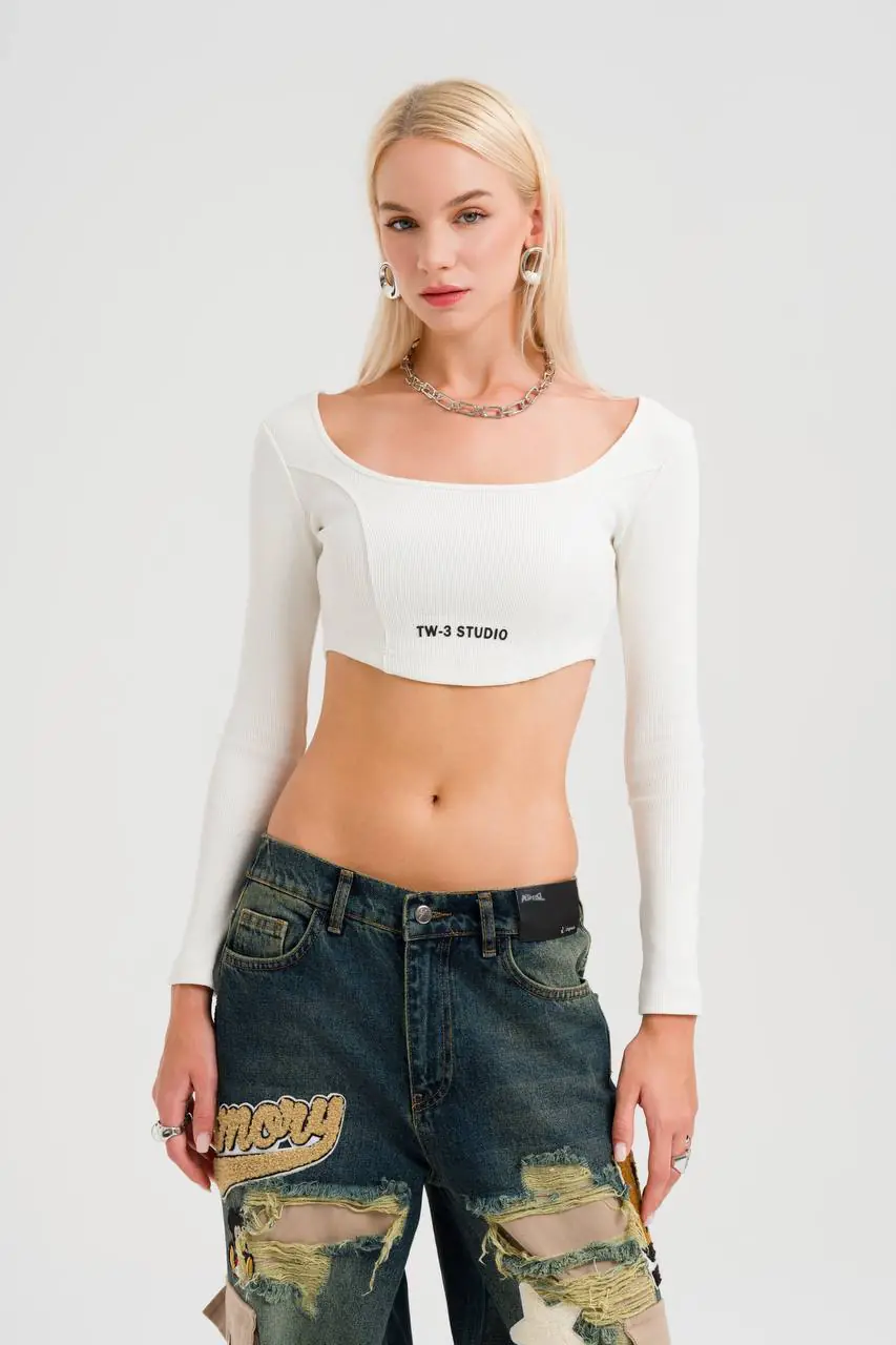 Ürün görseli: Beyaz Uzun Kollu TW-3 Premium Crop-Top