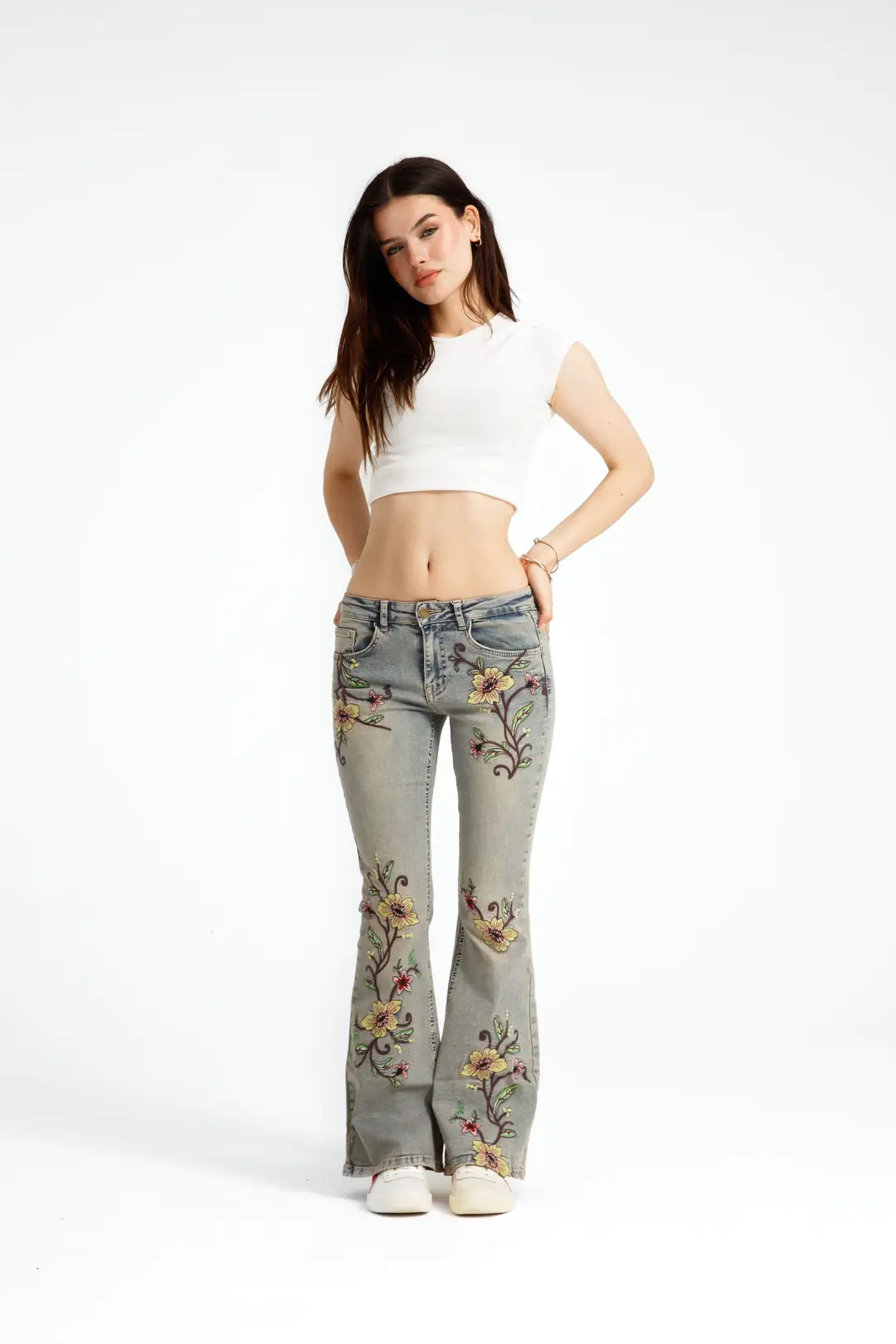 Çiçek Desenli Flare Jean
