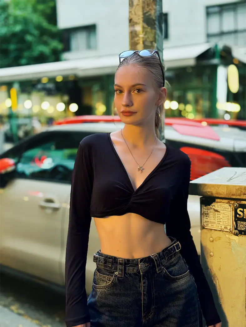 Siyah Uzun Kollu Premium Kumaş Crop-Top