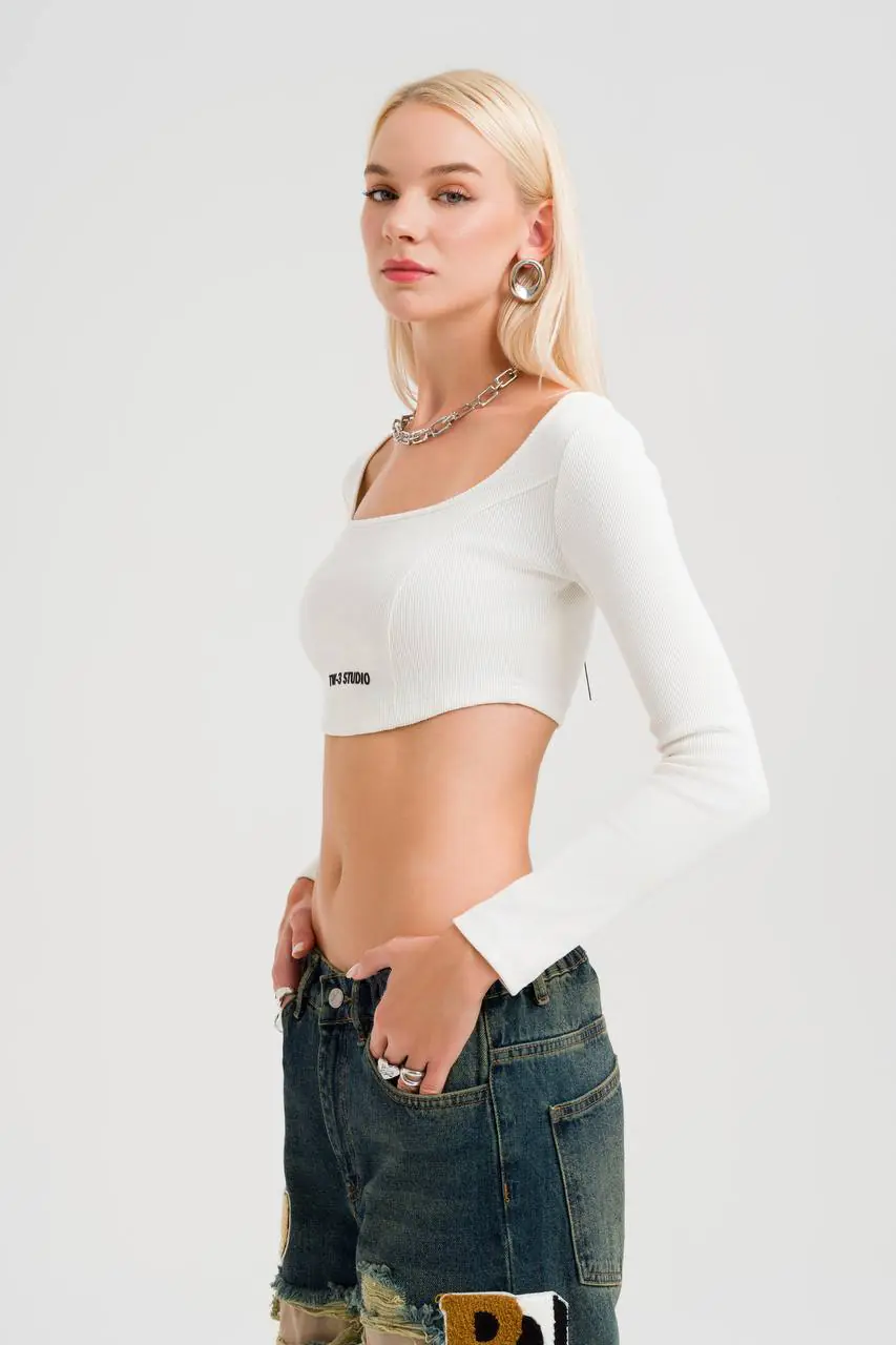 Beyaz Uzun Kollu TW-3 Premium Crop-Top