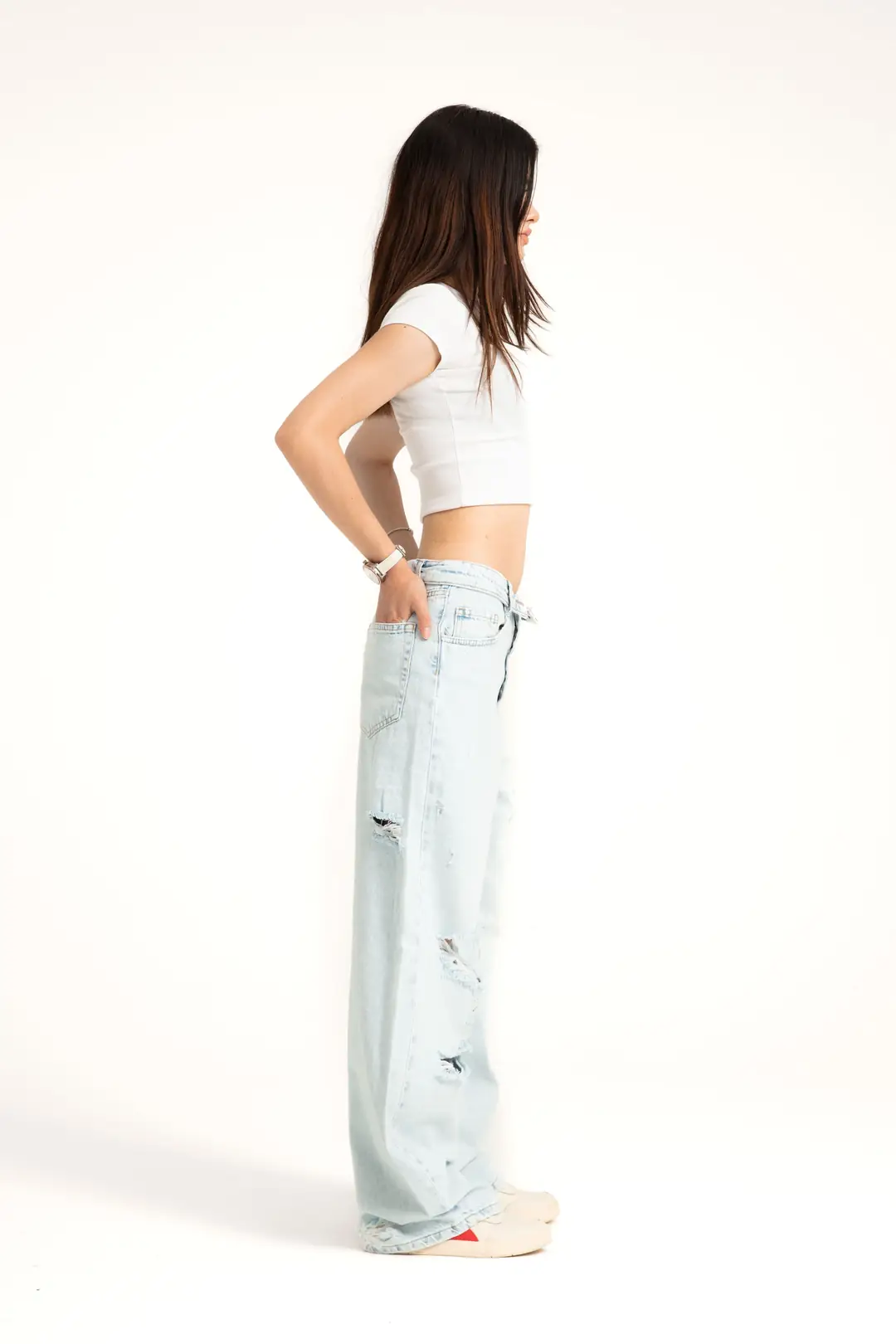 Açık Mavi Yırtıklı Ters Kemer Straight Jean