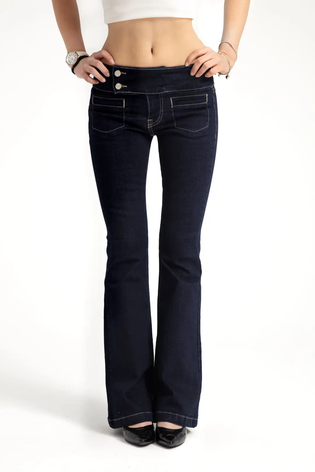 Koyu İndigo Orta Bel Flare Jean