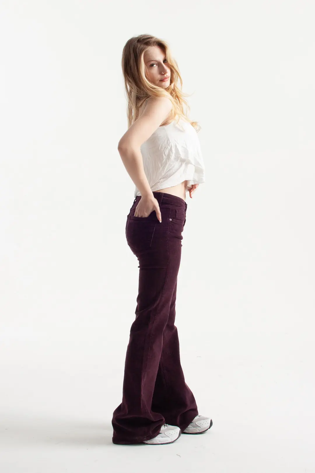 Mor İnce Fitilli Kadife Kumaş Flare Jean