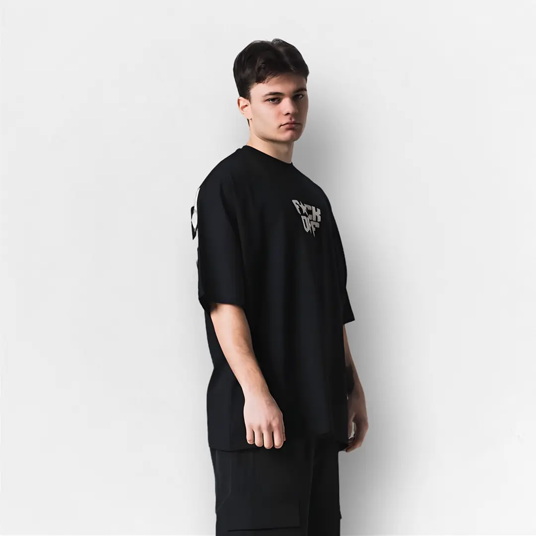 Siyah FUCK OFF Baskılı Unisex Oversize Tişört