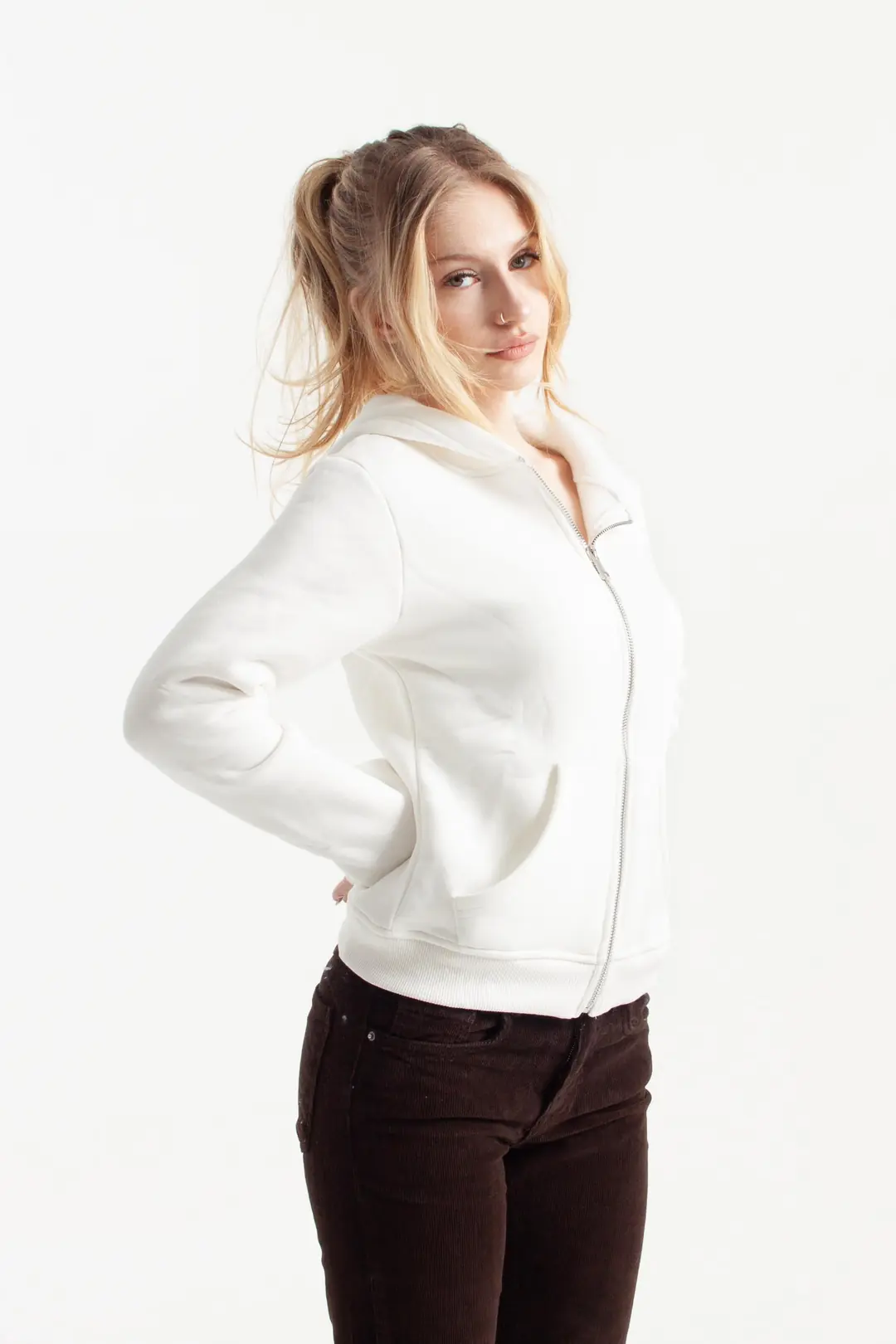 Beyaz Retro-Fit Vücuda Oturan Zip-Hoodie