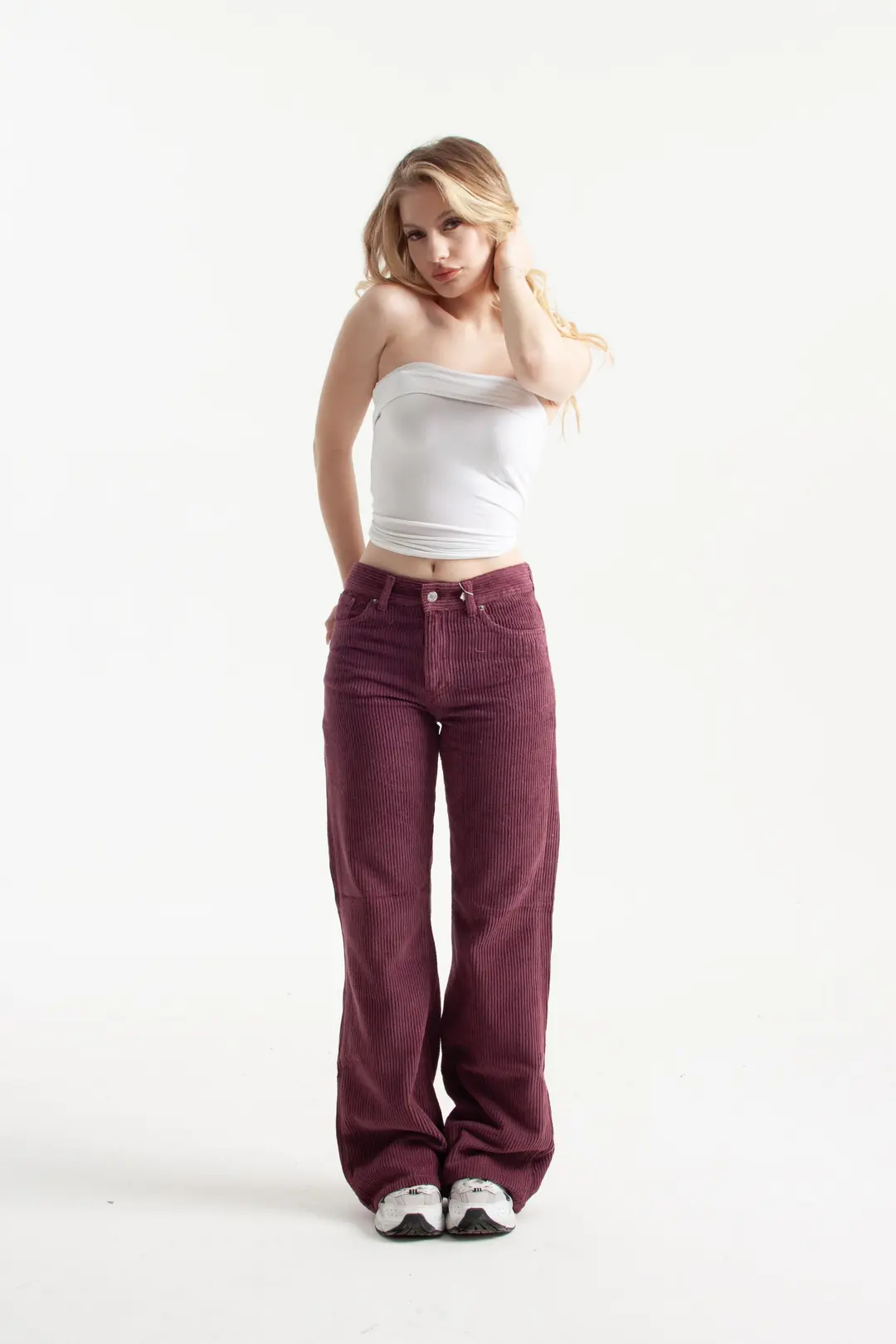 Koyu Mürdüm Kadife Kumaş Flare Jean