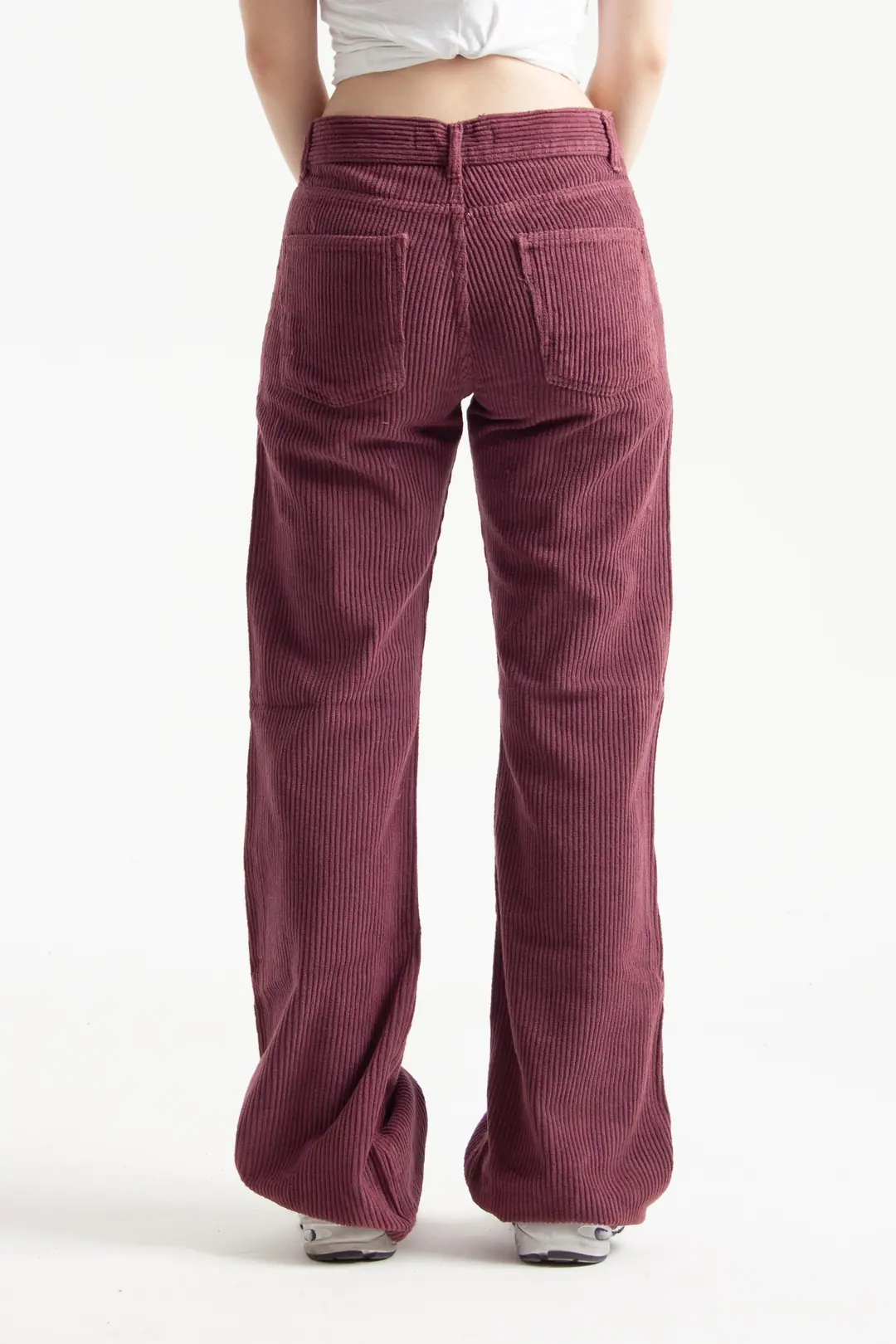 Koyu Mürdüm Kadife Kumaş Flare Jean