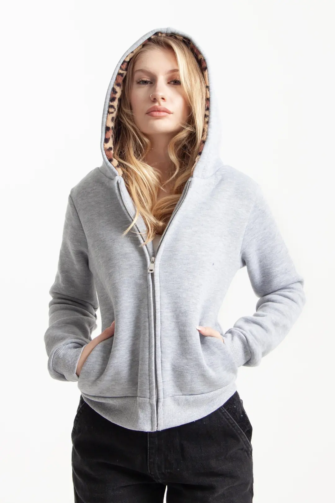Gri Vücuda Oturan Leoparlı Zip-Hoodie