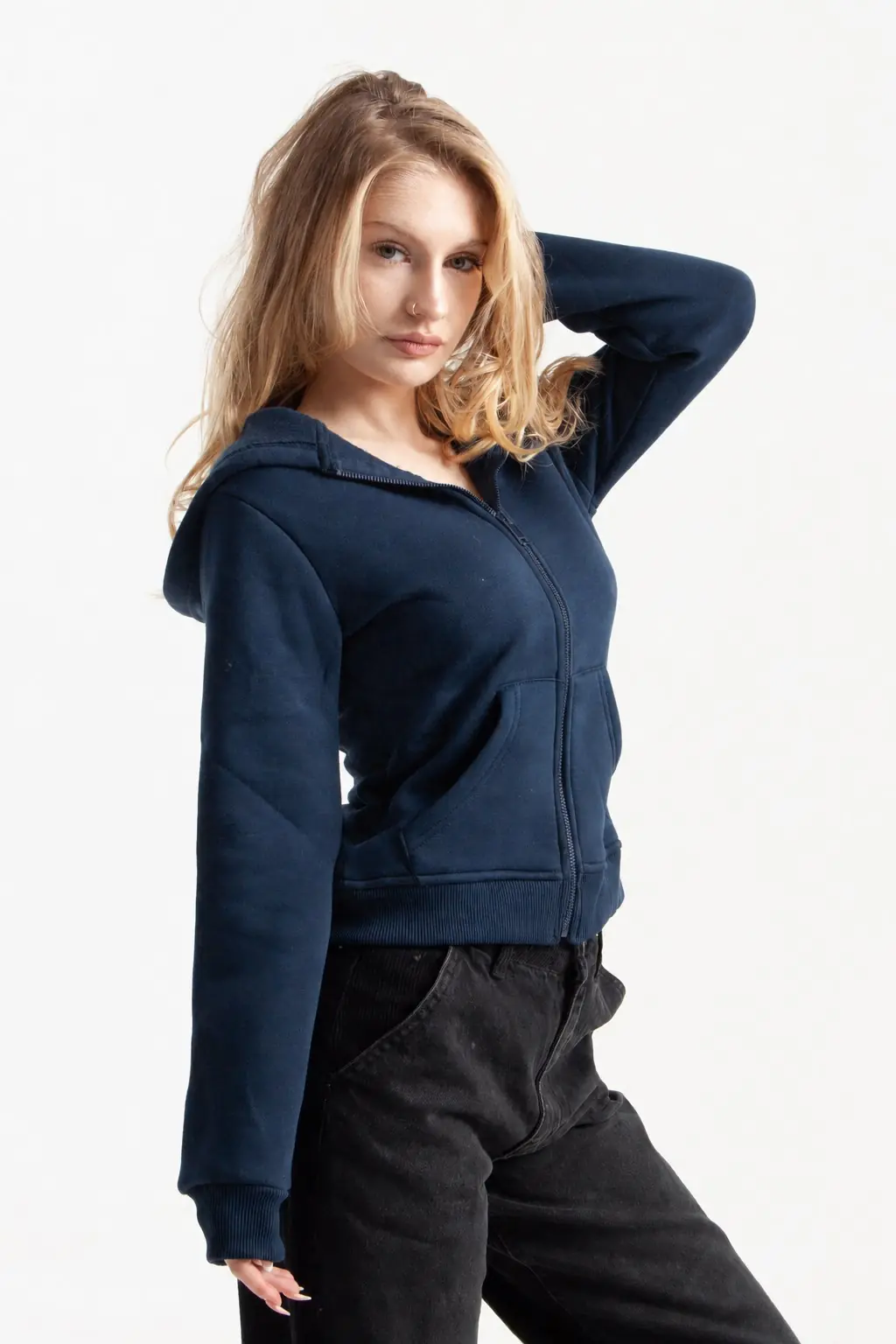 Lacivert Retro-Fit Vücuda Oturan Zip-Hoodie